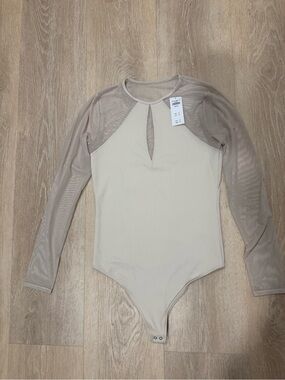 Abercrombie & Fitch Soft A&F Beige & Taupe Long-Sleeve Mesh One-Piece Bodysuit